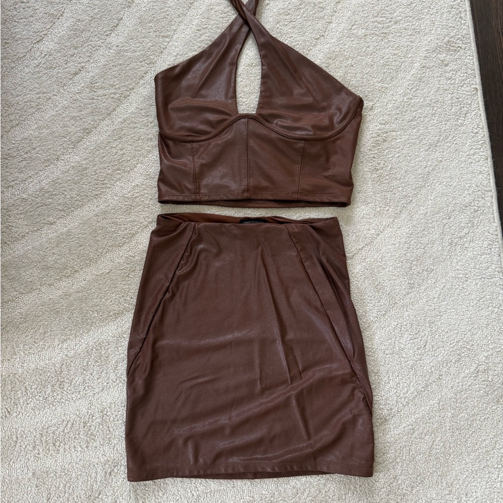 Naked Wardrobe Brown Mini Pencil Skirt Set for Night Out